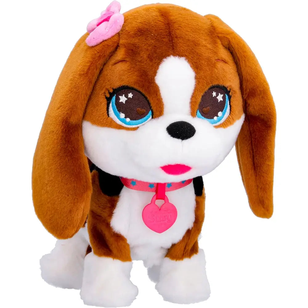 Peluche beagle marrone e bianco club petz susy canta con occhi blu a stella e fiocco rosa sulla testa