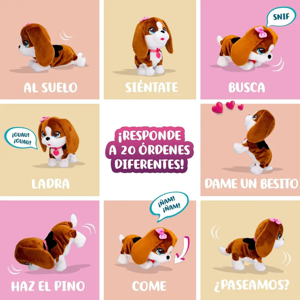Plush beagle giocattolo marrone e bianco con fiocco rosa e occhi ricamati club petz susy canta