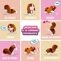 Plush beagle giocattolo marrone e bianco con fiocco rosa e occhi ricamati club petz susy canta