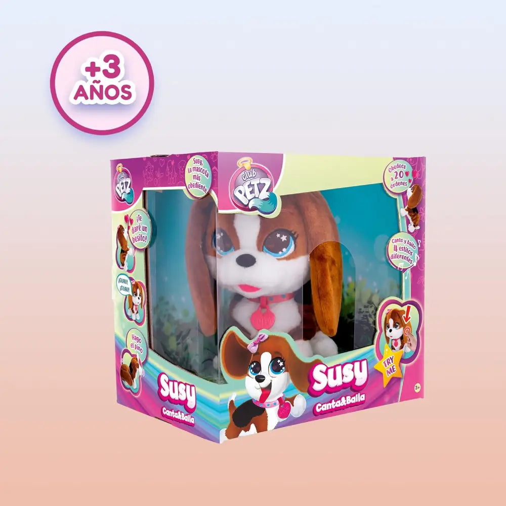 Club petz susy canta plush toy dog with brown and white fur blue eyes pink collar and long floppy ears