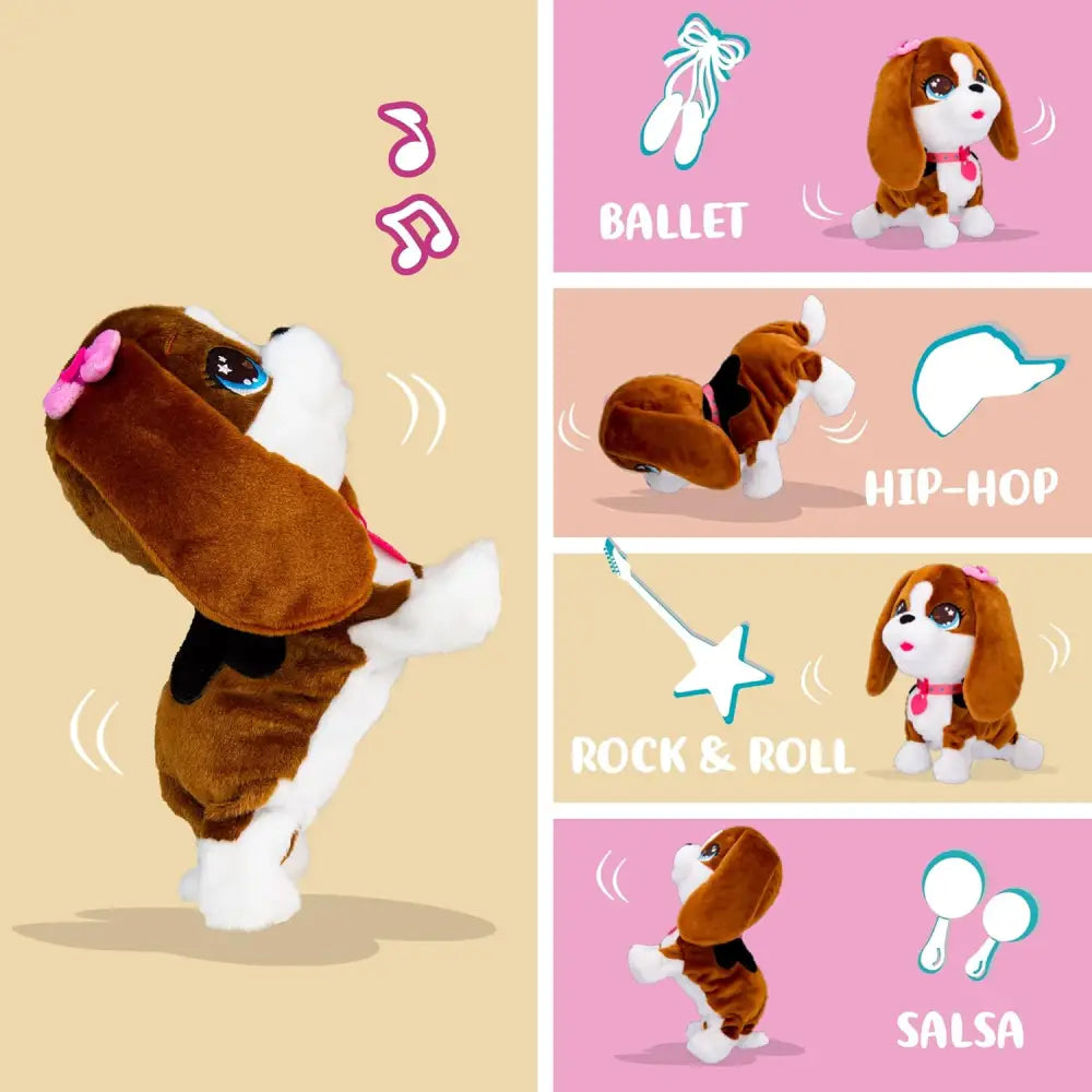 Un peluche club petz susy canta beagle marrone e bianco con accessori rosa che balla in vari stili