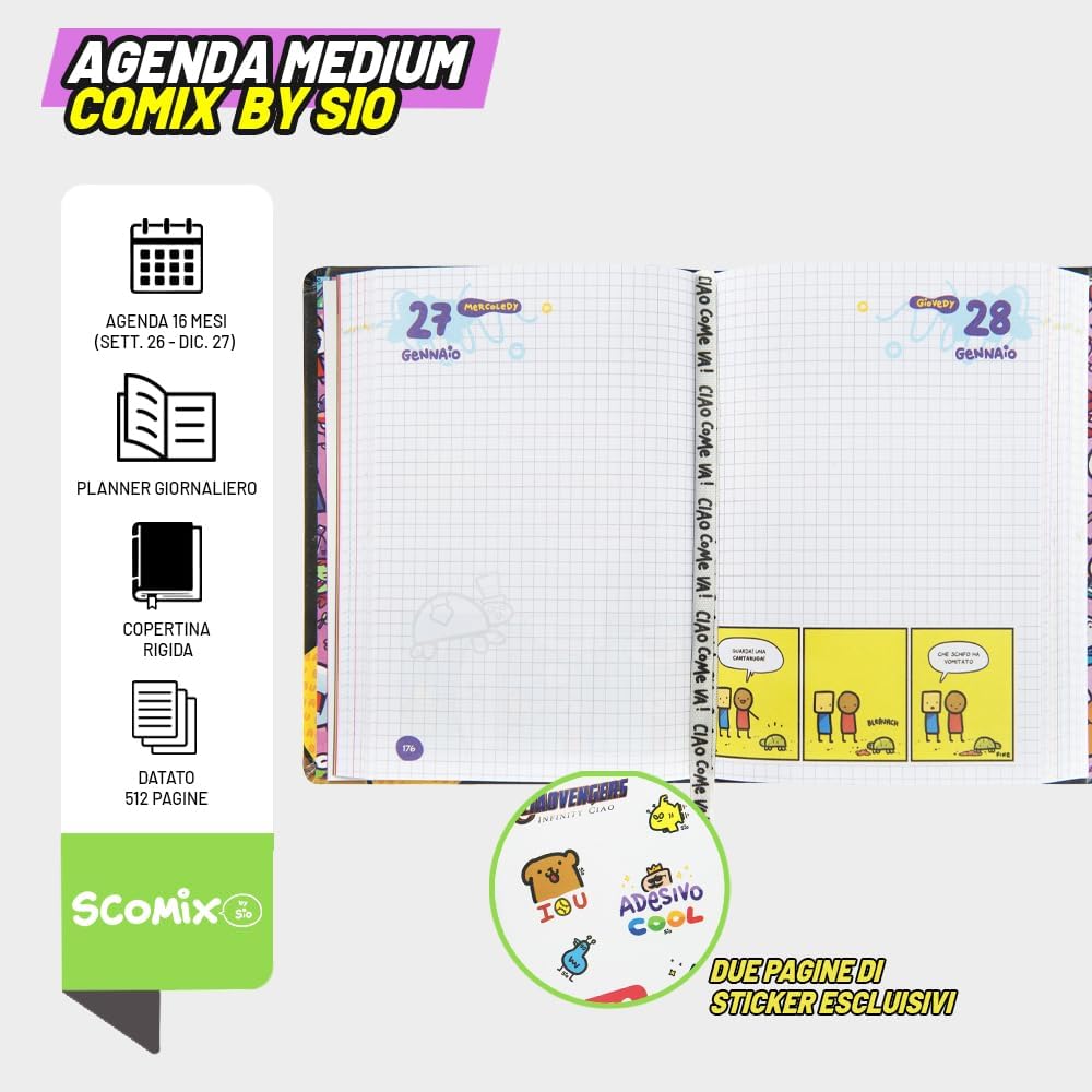 Agenda 16 Mesi Scomix by Sio Black 2026/2027 – Diario Scuola Medium - comix by sio 2027
