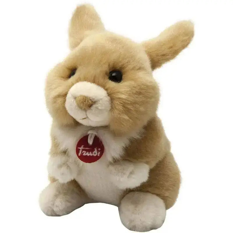 Coniglietto trudino trudi in morbido peluche color sabbia e bianco con occhi a bottone neri e etichetta rossa fraudi