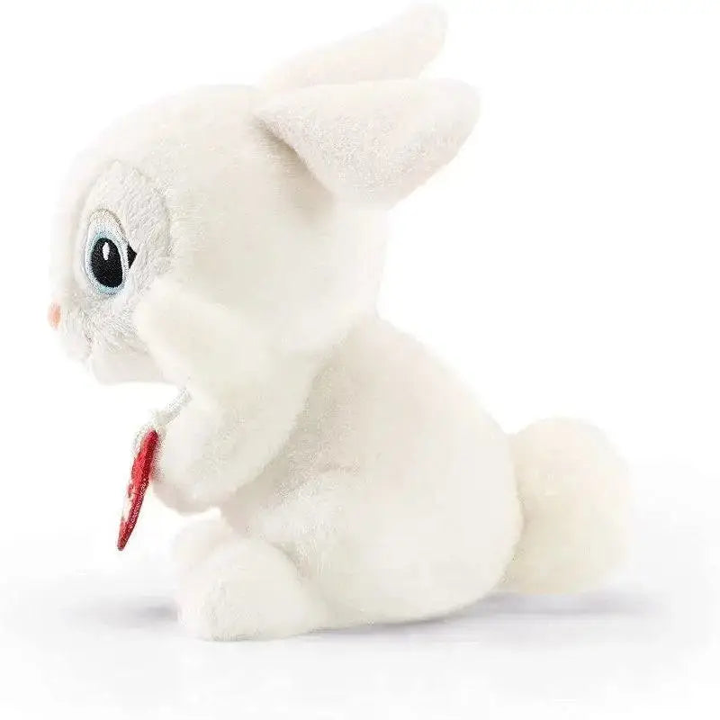 Coniglio trudi friend peluche morbido bianco con grandi occhi ricamati e tag rosso sullorecchio