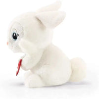 Coniglio trudi friend peluche morbido bianco con grandi occhi ricamati e tag rosso sullorecchio