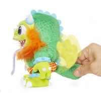 Plush green dragon toy with orange fur blue spines purple tongue and yellow wings crate creatures sizzle drago interattivo