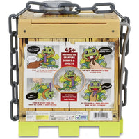 Green plastic dragon toy with wings and purple tongue in a wooden crate design from crate creatures sizzle drago interattivo