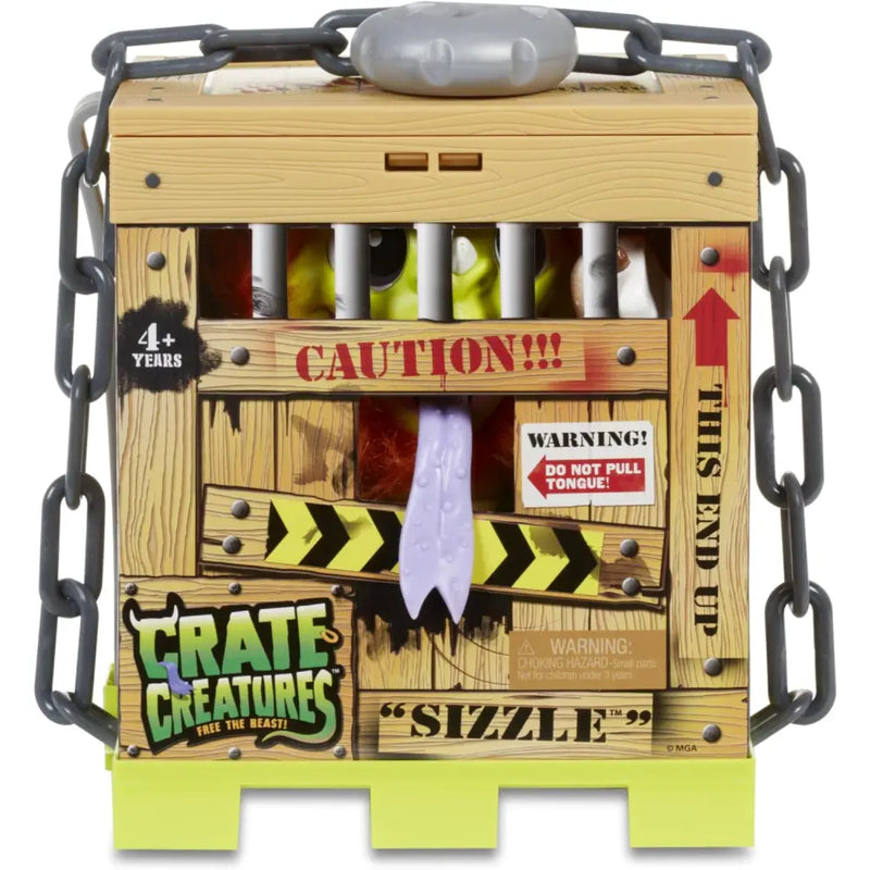 Giocattolo crate creatures sizzle in cassa di legno con catene nere e lingua viola di mga
