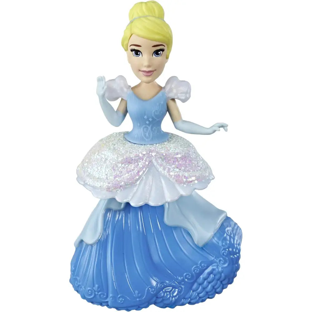 Figurina glitterata cenerentola disney princess royal con capelli biondi e vestito dettagliato in plastica royal clips cenerentola