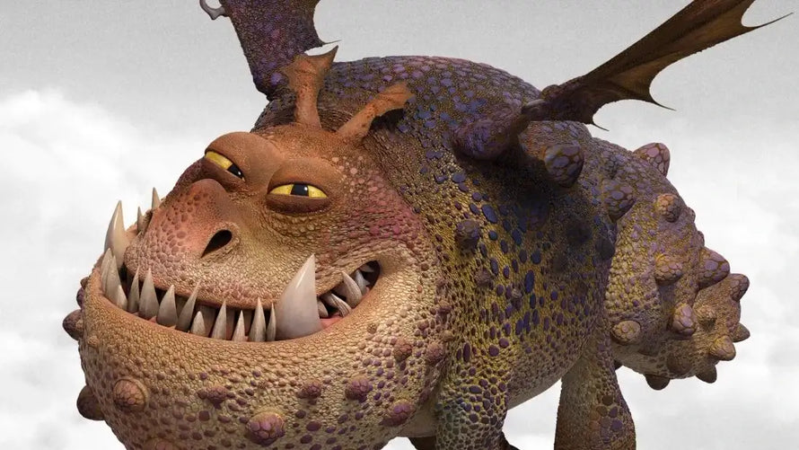 Un drago robusto, dal colore marrone e con scaglie viola, con denti bianchi affilati e occhi gialli.
