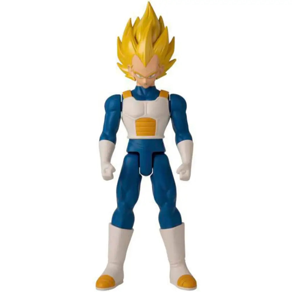 Action figure dragon ball super vegeta 30 cm in plastica blu e bianca con capelli gialli a punta e dettagli arancioni