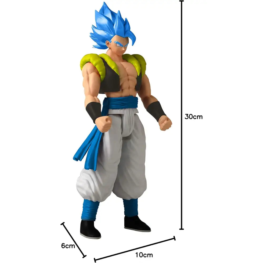 Action figure gigante di gogeta super saiyan blue con capelli blu, spalline verdi e fascia blu di dragon ball super