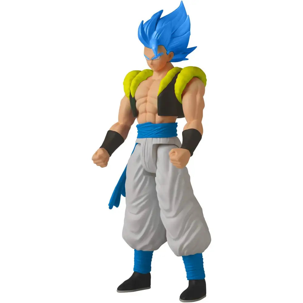 Action figure gigante 30 cm di gogeta super saiyan blue con capelli blu, spalline gialle e pantaloni grigi di dragon ball super
