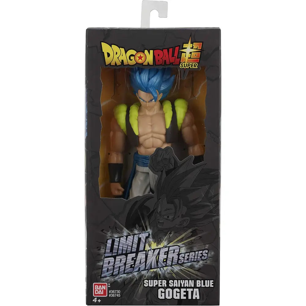 Action figure gigante 30 cm di dragon ball super super saiyan blue gogeta con capelli blu e packaging nero e giallo