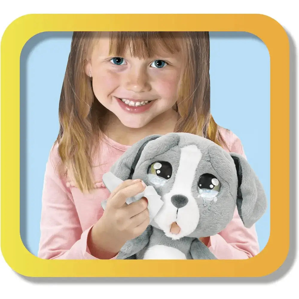 Emotion pets cry peluche cane grigio e bianco con occhi neri grandi e lacrime per pets cry pets