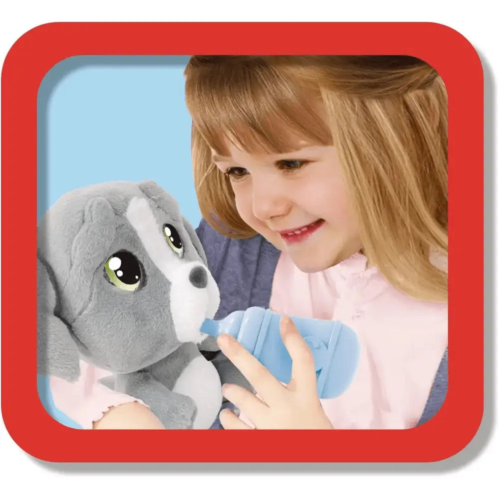 Emotion pets cry peluche cane grigio e bianco con occhi verdi grandi che beve e piange morbido e realistico