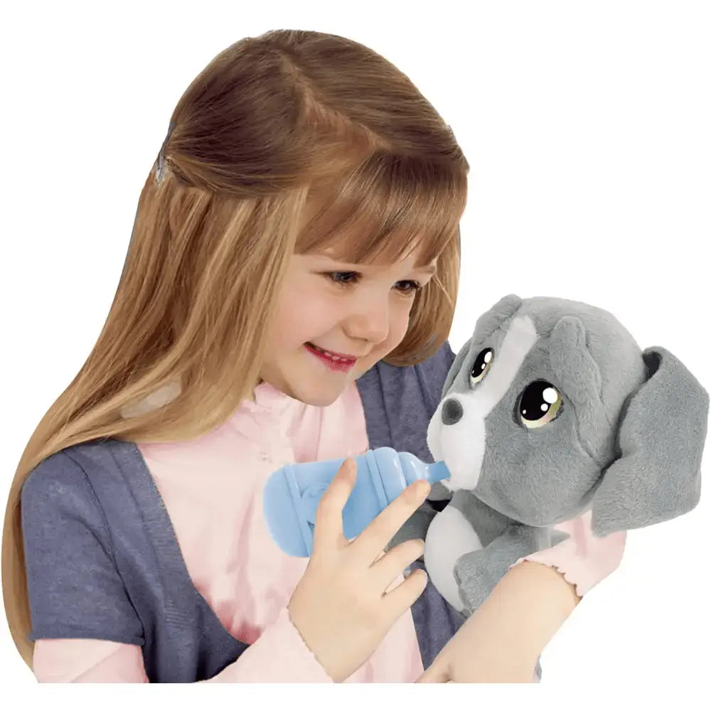 Emotion pets cry peluche cane grigio e bianco con occhi grandi e espressivi che beve e piange in morbido tessuto