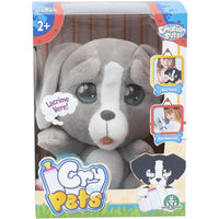 Emotion pets cry peluche cane grigio e bianco con occhi grandi blu e lingua rosa nella confezione pets cry pets