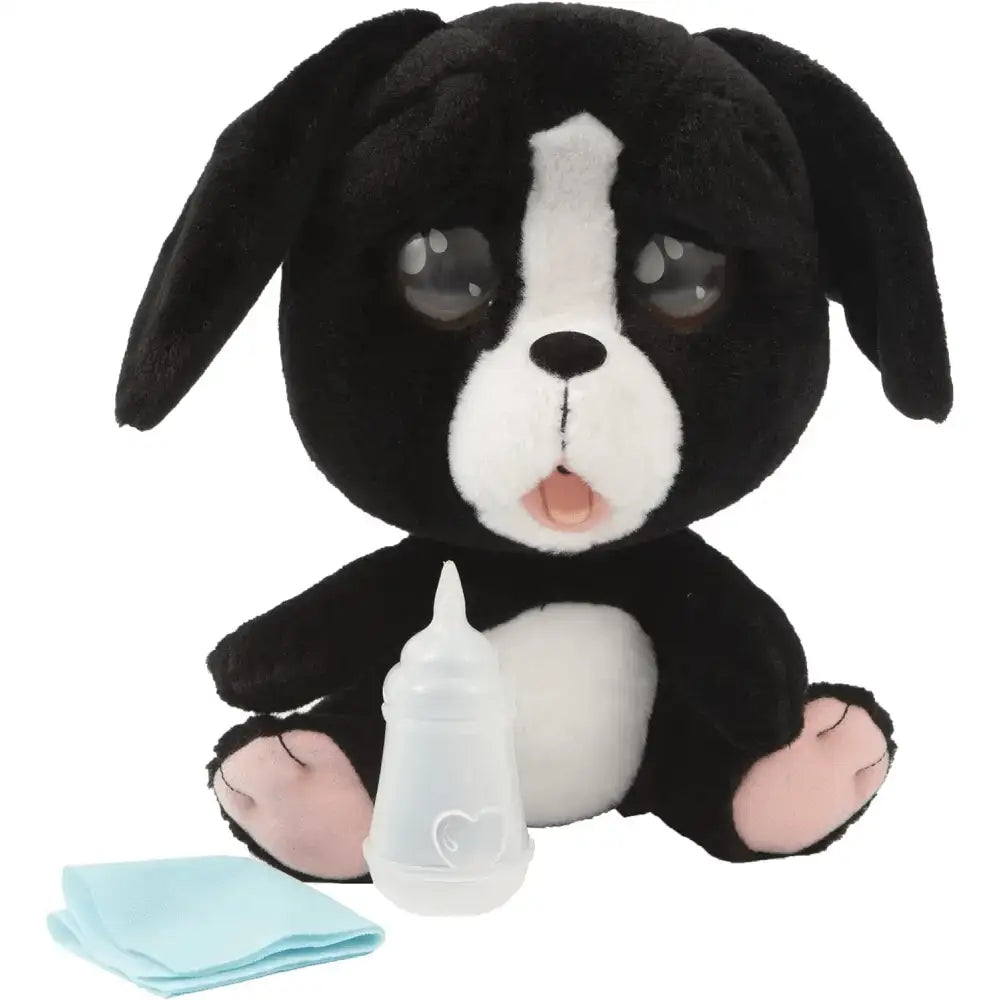 Emotion pets cry peluche cane nero e bianco con occhi grandi e zampe rosa per pet cry pets