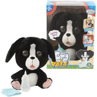 Emotion pets cry peluche cane nero in peluche con zampe rosa seduto accanto alla confezione pets cry pets