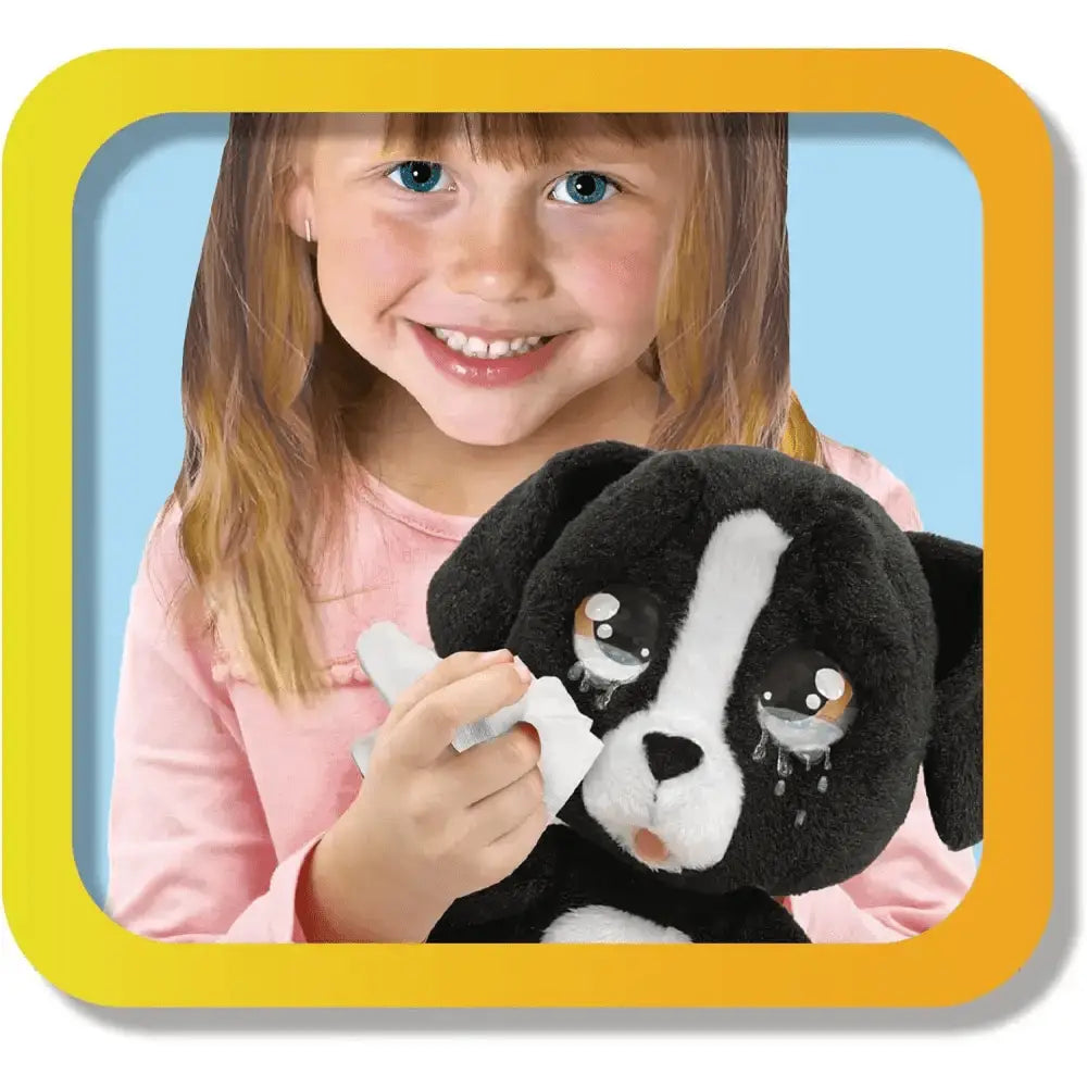Peluche cane nero e bianco emotion pets cry con occhi lacrimosi che simula il pianto per bambini