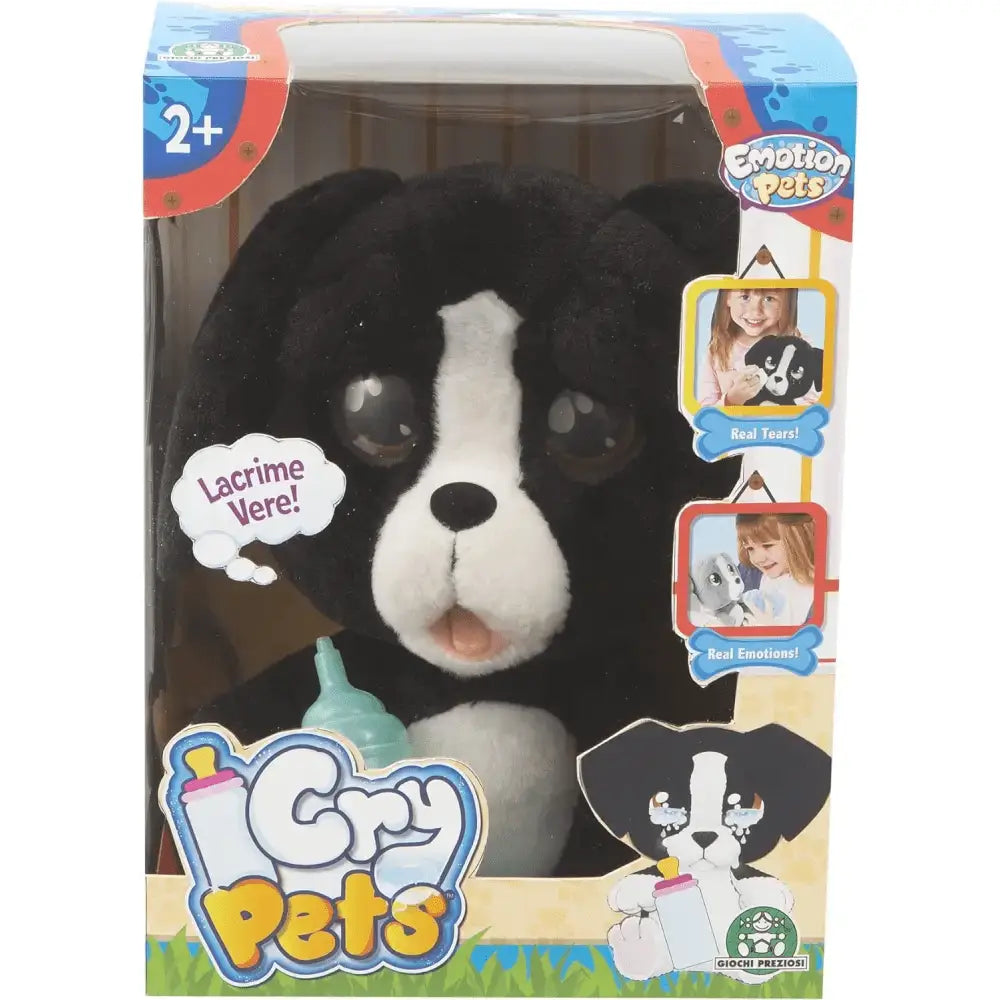 Peluche emotion pets cry cane nero con occhi, naso e bocca realistici che beve e piange