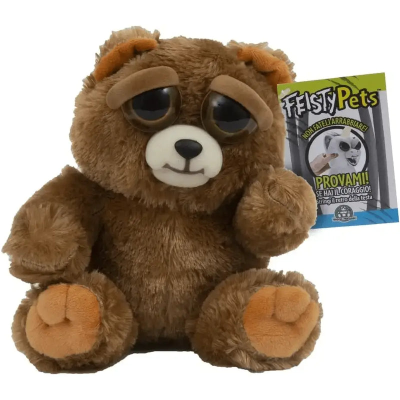 Brown plush bear with oversized black eyes white snout and tan paw pads from feisty pets giochi preziosi