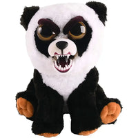 Feisty pets peluche panda toy with black and white fur, golden brown eyes, snarling face, and orange paw pads
