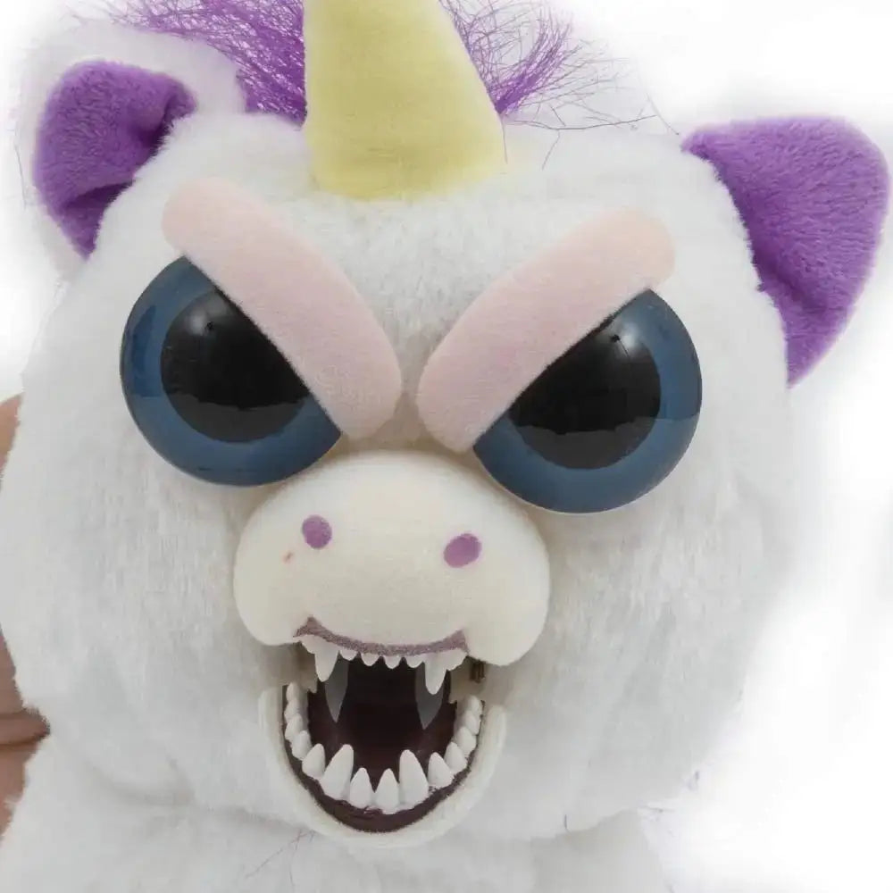 Feisty pets peluche unicorno bianco con orecchie viola corno giallo occhi grandi blu e denti appuntiti prodotto originale giochi preziosi