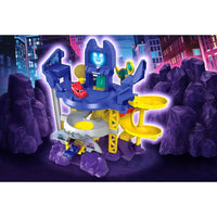 Playset fisher-price dc batwheels batcaverna lancia e sfreccia blu e giallo con torre centrale e macchinine giocattolo