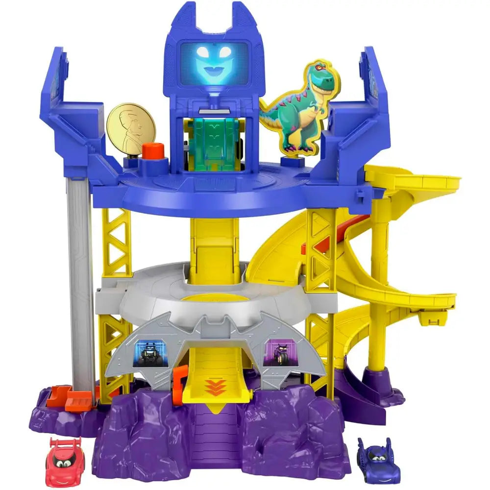 Blue e giallo batcaverna lancia sfreccia playset fisher-price dc batwheels con dinosauro e scivoli multi livello