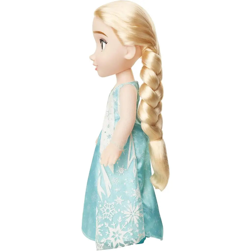 Frozen bambola elsa 38 cm con vestito azzurro chiaro e decorazioni di fiocchi di neve bianchi