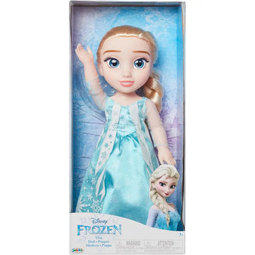 Frozen bambola elsa 38 cm con capelli biondi intrecciati e vestito azzurro satinato con motivi di fiocchi di neve