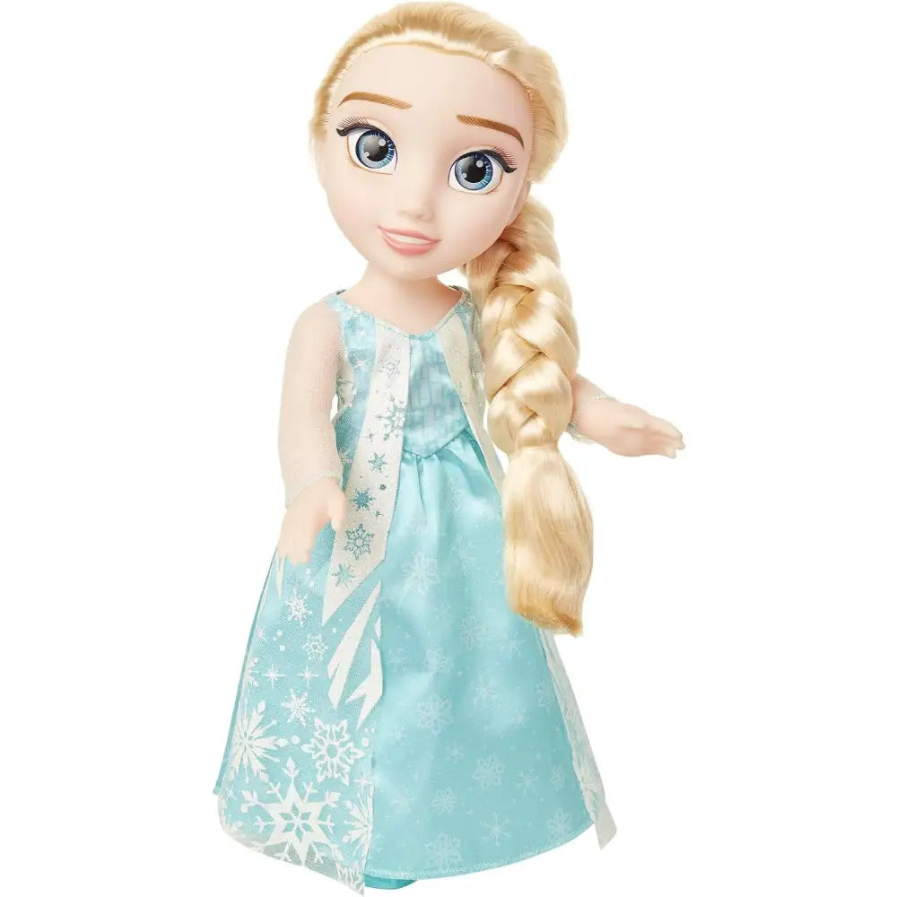 Frozen bambola elsa 38 cm con capelli biondi, occhi azzurri e abito azzurro con decorazioni di fiocchi di neve
