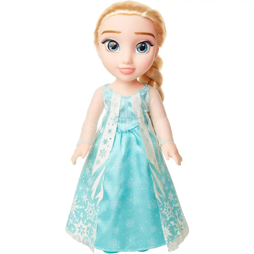 Frozen bambola elsa da 38 cm con capelli biondi occhi azzurri e vestito turchese con motivi di fiocchi di neve