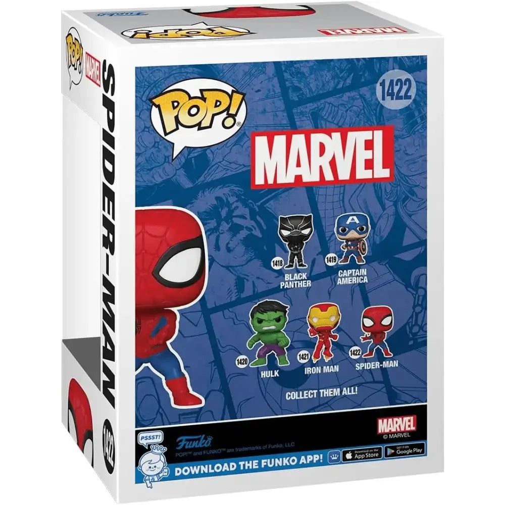 Funko pop marvel spider-man 1422 vinyl figure in red and blue colors inside a collectible box