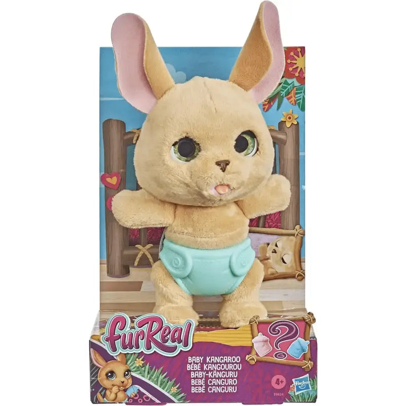 Peluche fur real baby canguro con pelaje beige, orecchie rosa, occhi verdi e pannolino azzurro chiaro