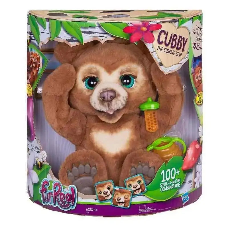 A peluche orsetto curioso fur real cubby marrone con grandi occhi verdi e muso bianco con suoni e movimenti interattivi
