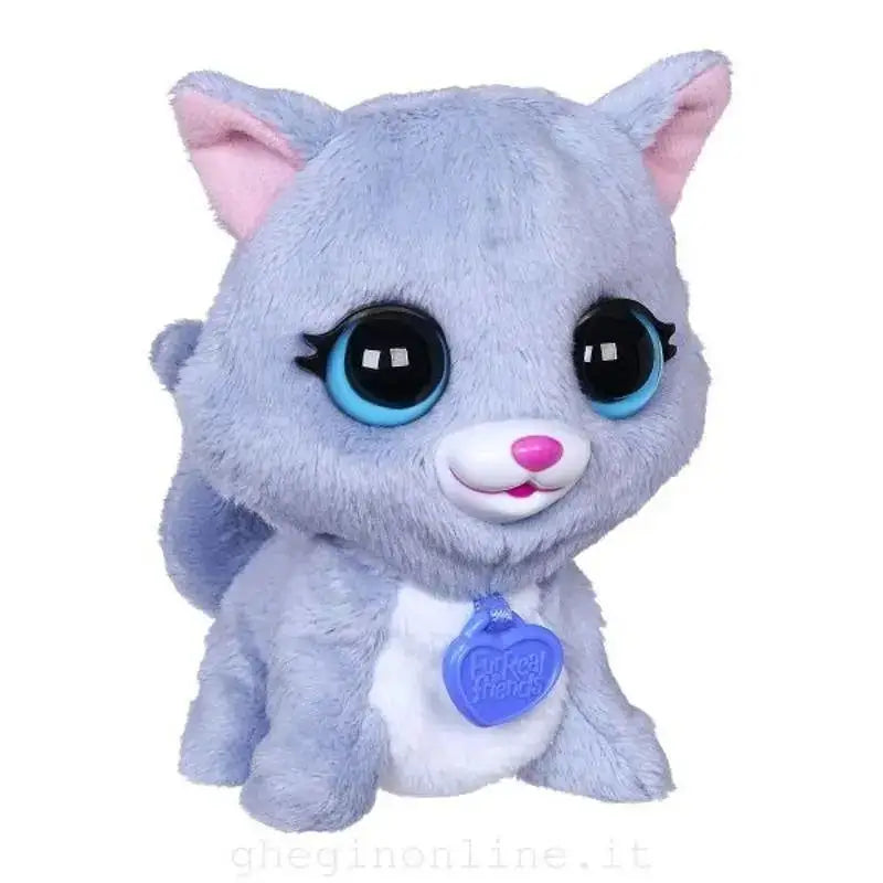A plush gray cat toy with pink ears and a purple heart tag from furreal friends luvimals gatto collection