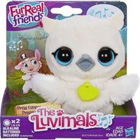 Peluche gufo bianco con grandi occhi blu e becco grigio con etichetta verde lime furreal friends luvimals