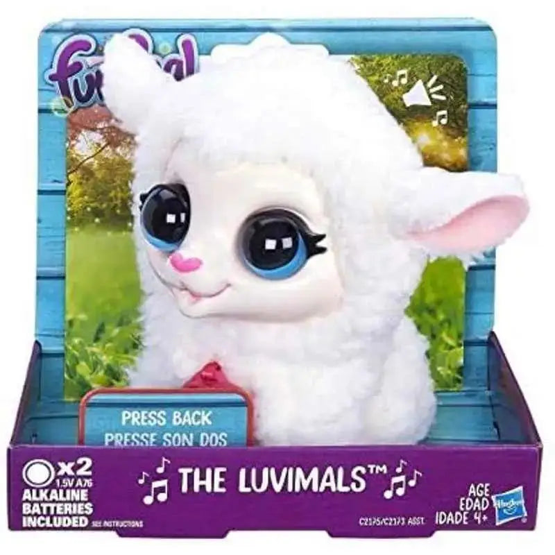 White plush lamb toy with large blue eyes and pink nose from hasbro furreal friends luvimals furreal friends