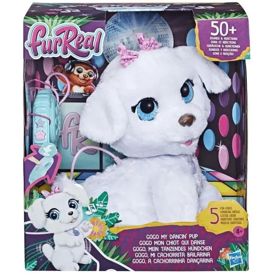 Furreal gogo cagnolino ballerino cucciolo bianco in peluche con occhi azzurri e fiocco rosa nella confezione colorata