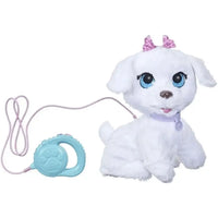 White plush furreal gogo cagnolino ballerino puppy with blue eyes pink bow soft fur and purple collar