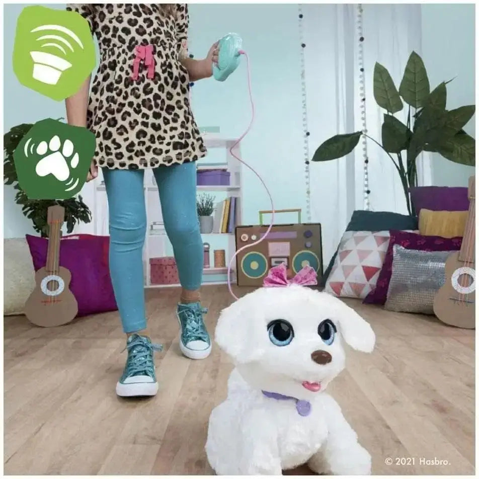 Peluche bianco con occhi blu e fiocco rosa sul capo furreal gogo cagnolino ballerino