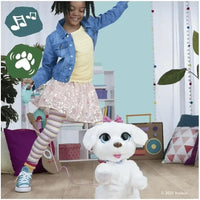 Furreal gogo cagnolino ballerino bianco morbido con fiocco rosa e occhi espressivi giocattolo robotico