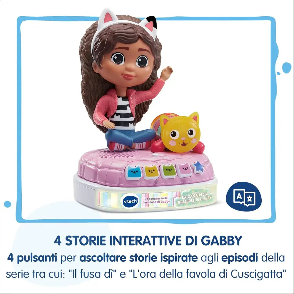 Figura rosa gabby racconta storie con gatto giallo su base interattiva racconta storie luminoso