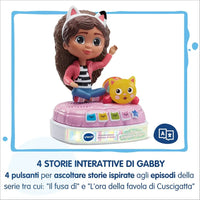 Figura rosa gabby racconta storie con gatto giallo su base interattiva racconta storie luminoso