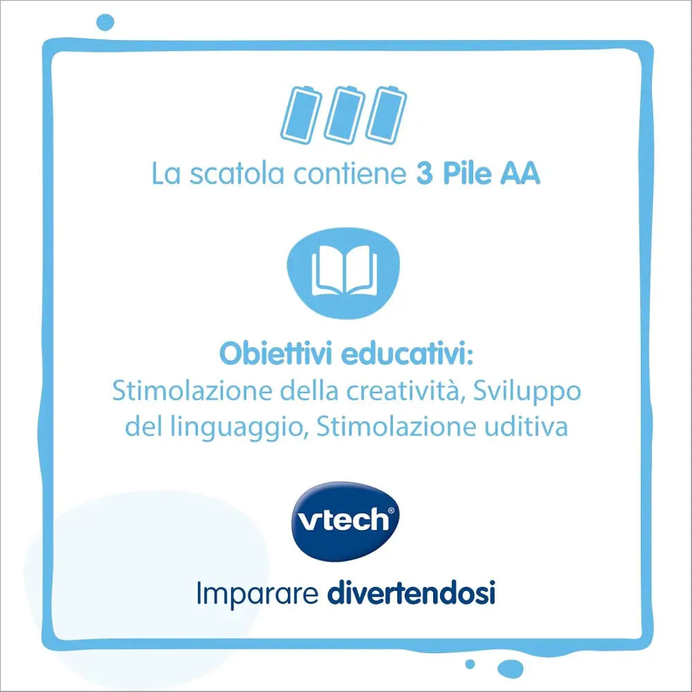 Confezione di gabby racconta storie luminoso vtech blu con tre batterie aa e obiettivi educativi di creatività linguaggio e stimolazione uditiva
