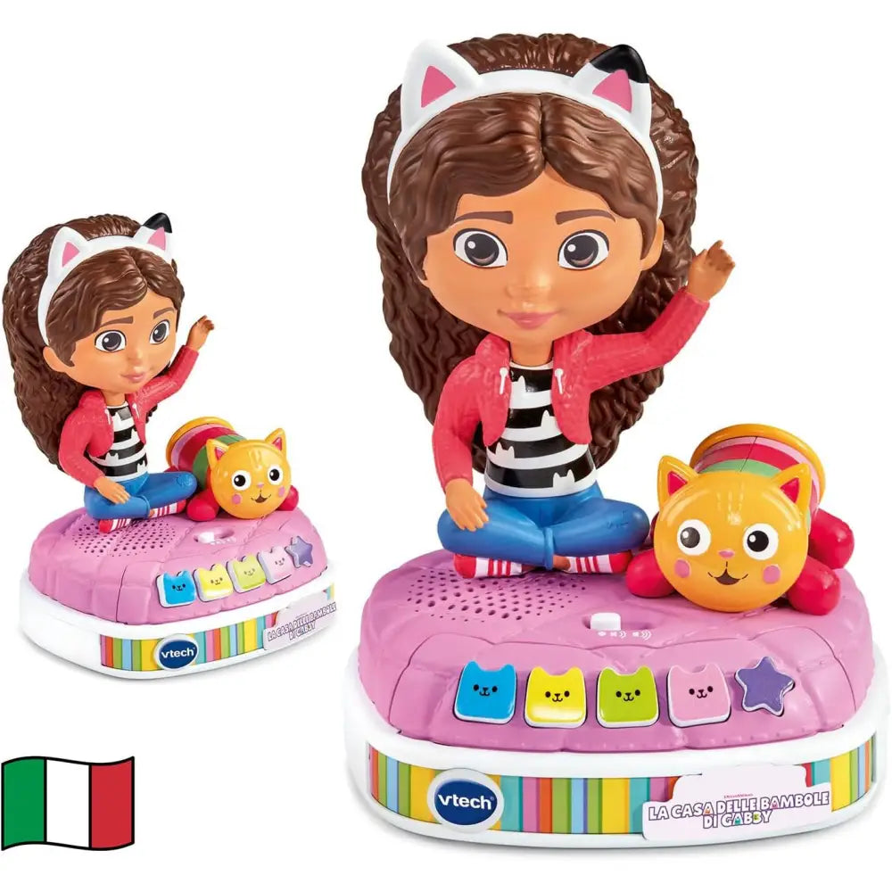 Gabby racconta storie giocattolo rosa con ragazza e gatto arancione su base con pulsanti colorati racconta storie luminoso