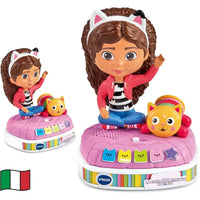 Gabby racconta storie giocattolo rosa con ragazza e gatto arancione su base con pulsanti colorati racconta storie luminoso